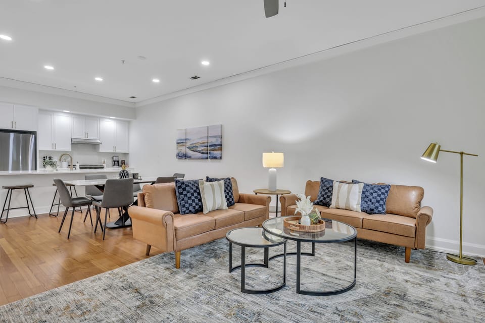Open-concept living area with sectional sofa.