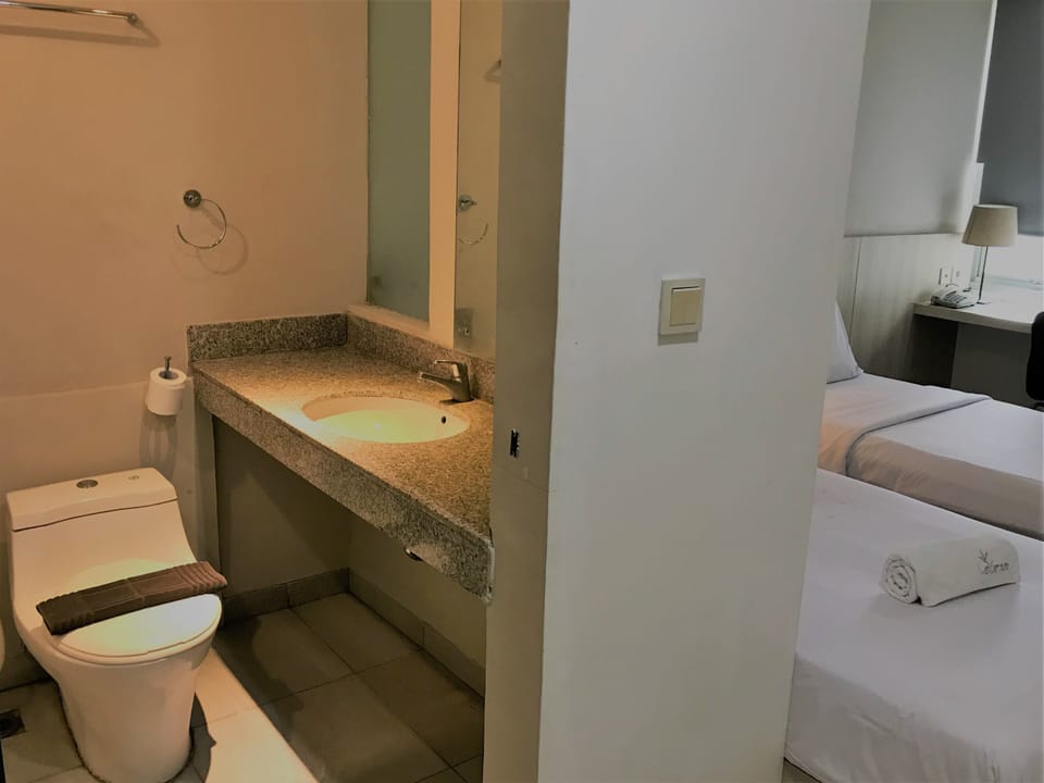 Shower, free toiletries, slippers, towels