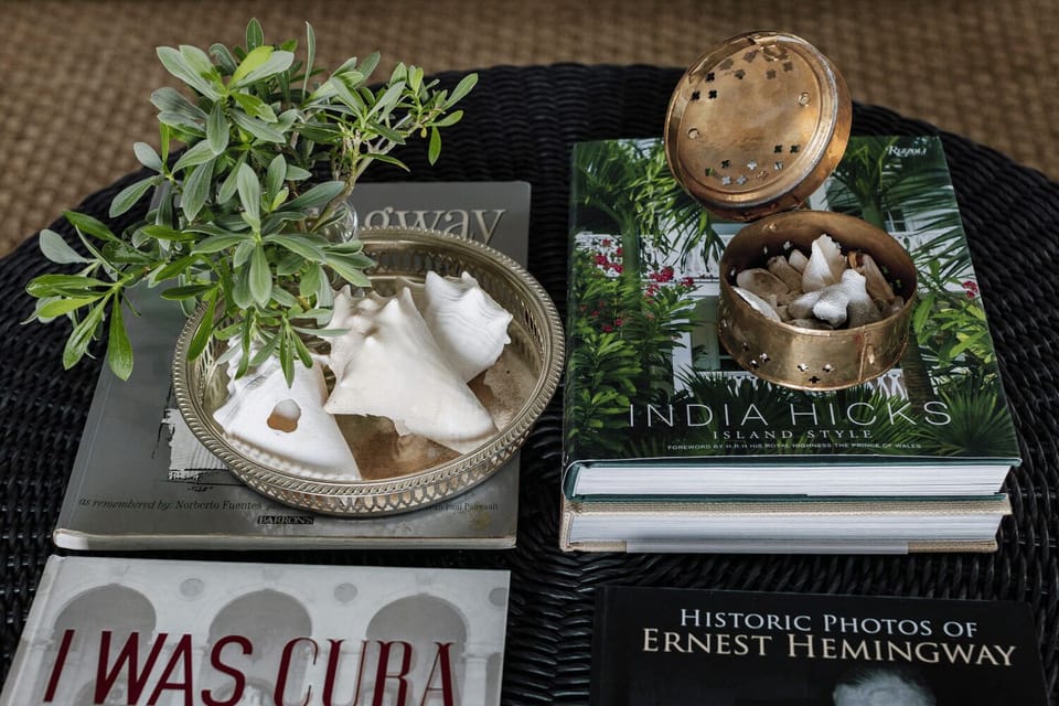 Coastal coffee table with books, shells, and tropical accents.