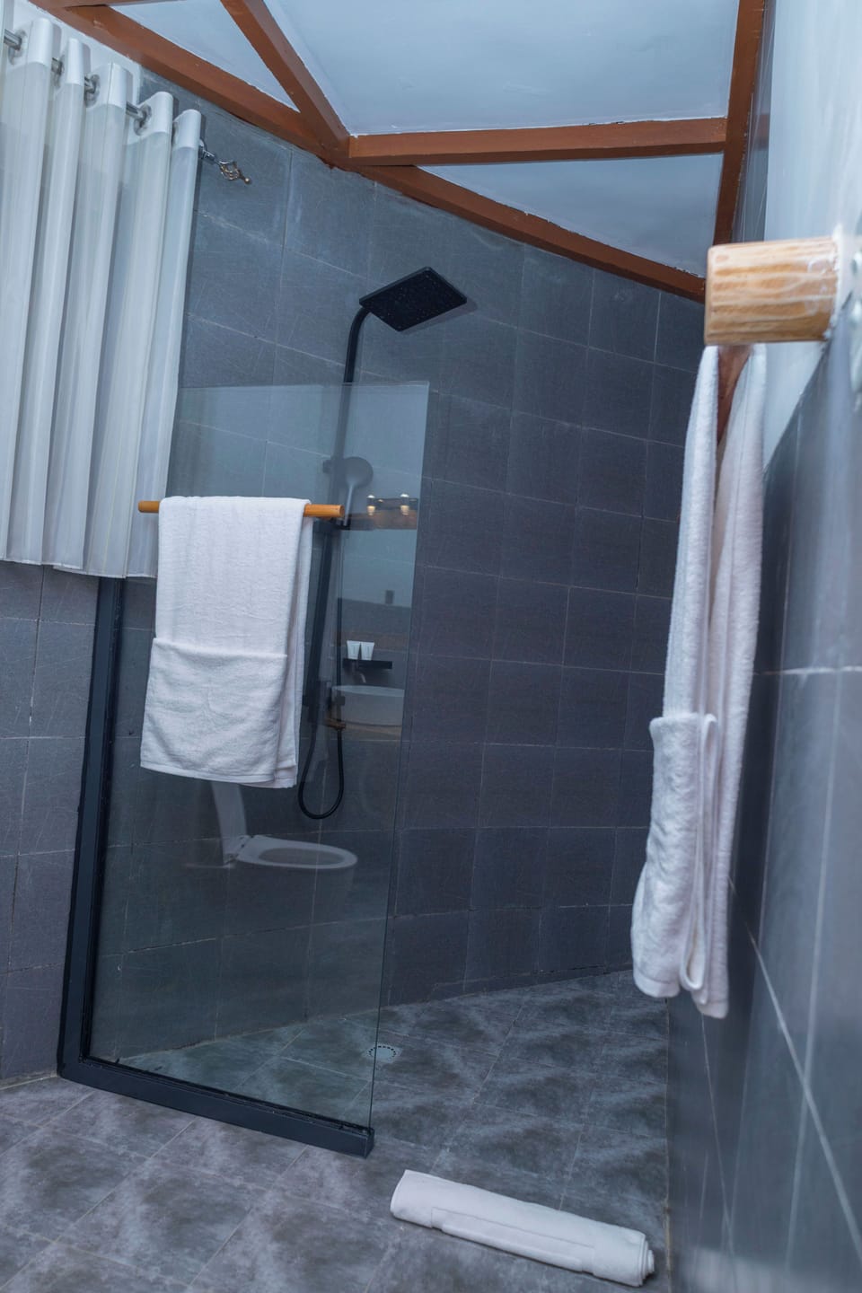 Shower, slippers, towels, soap