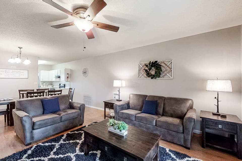 Stylish seating and warm decor invite laughter and relaxation after adventure-filled days!