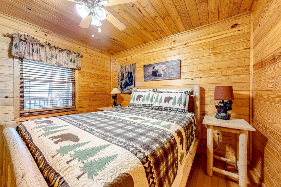 Bedroom retreat awaits. Pure rustic charm with nature-inspired decor and a comfy, inviting ambiance!