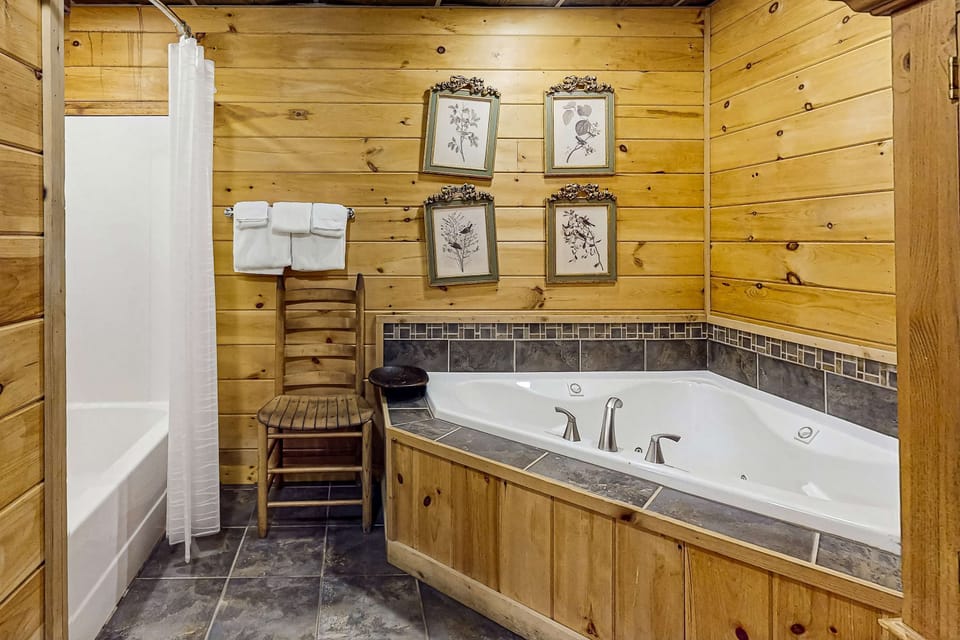 Spa Retreat, indulge in a relaxing soak in the jetted tub surrounded by rustic charm!