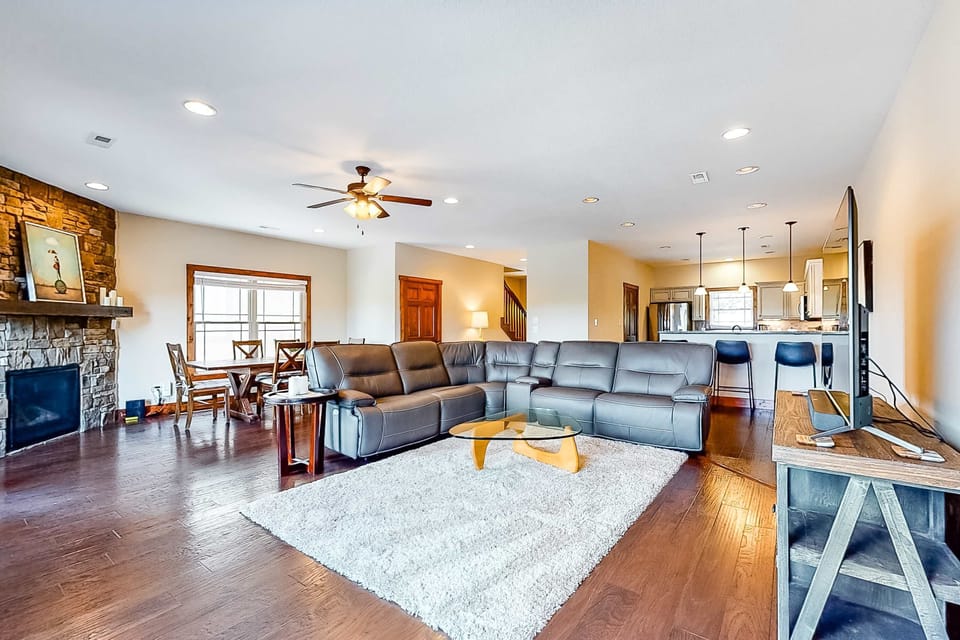 Bright and airy space with stone accents, perfect for relaxation and gatherings!