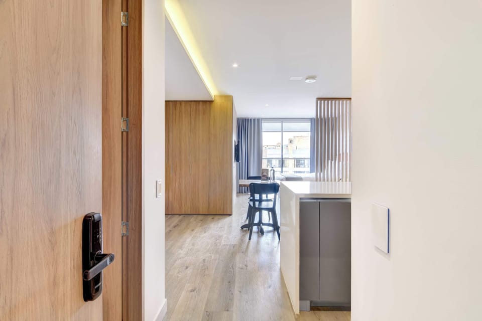 Bright hallway with wooden accents