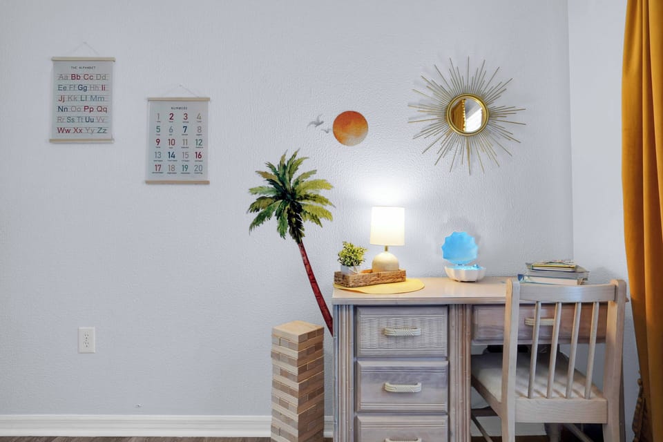 Sunny, kid-friendly workspace with tropical touches.