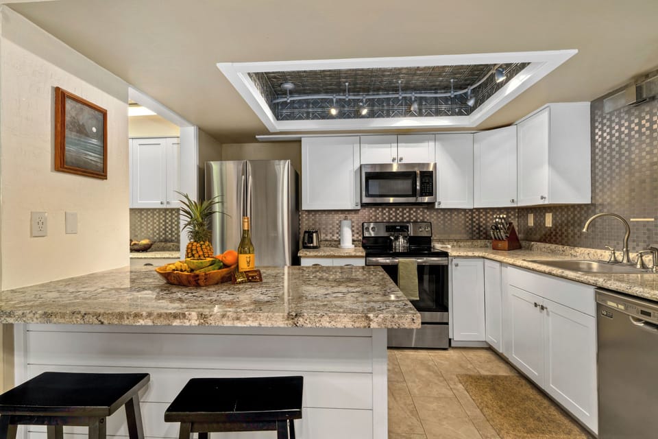 Stainless steel appliances and granite countertops