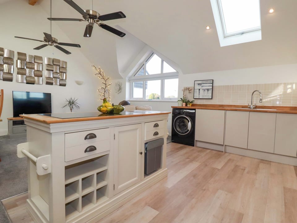 Fridge, microwave, dishwasher, cookware/dishes/utensils