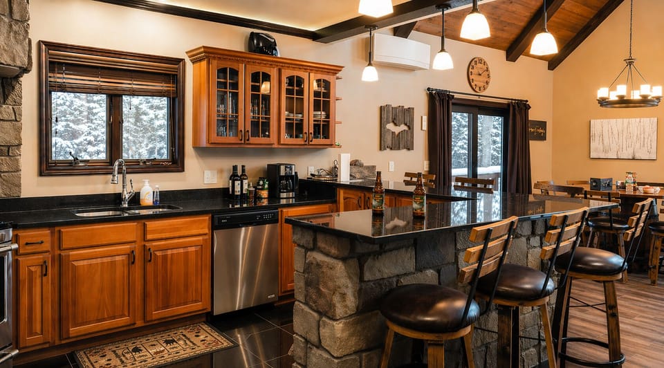 Spacious, fully equipped kitchen with stainless steel appliances.