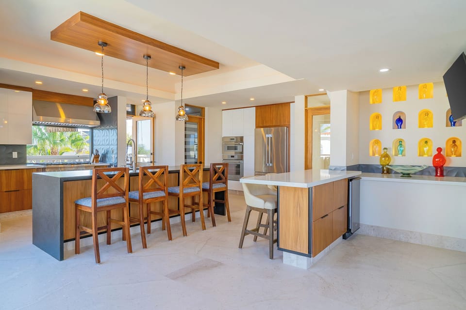 Kitchen area with bar seating
