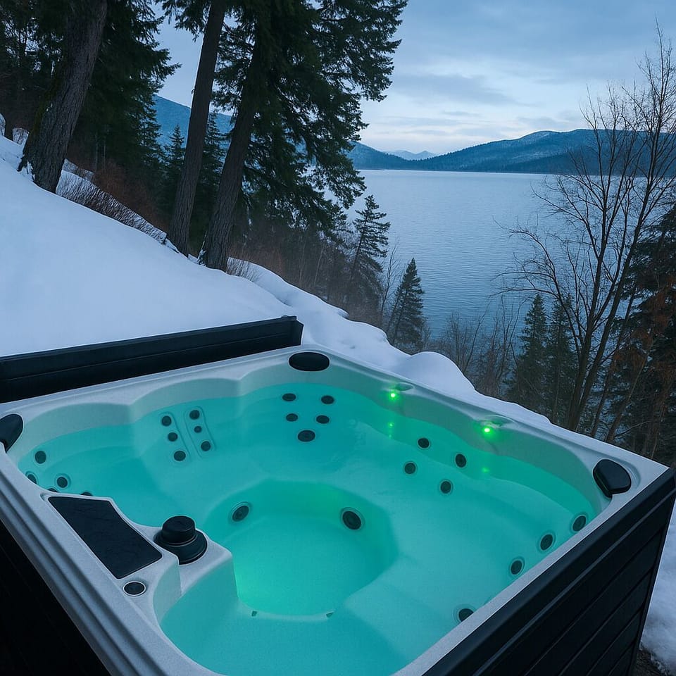 Soak up the serenity in your private hot tub with breathtaking lake views.❄️