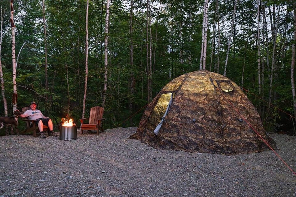 Russian Bear 5-person hot tent with wood stove, fire pit, and picnic table.