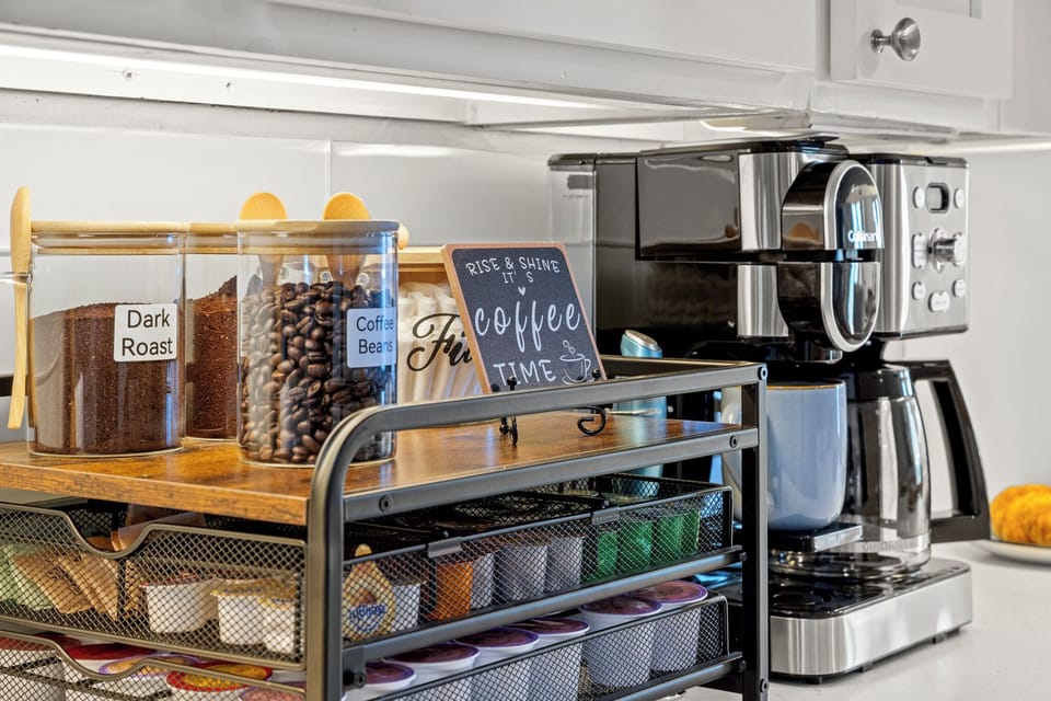 Start your mornings right with our beautifully curated coffee station, fully stocked for your perfect beachside brew.