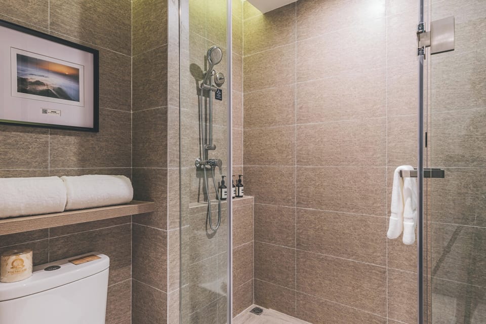 Shower, free toiletries, hair dryer, towels