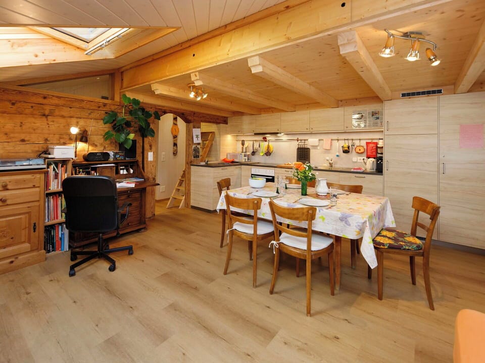 Furniture, Flooring, Interior Design, Wood, Floor, Ceiling, Wood Flooring, Kitchen & Dining Room Table, Chair, Room