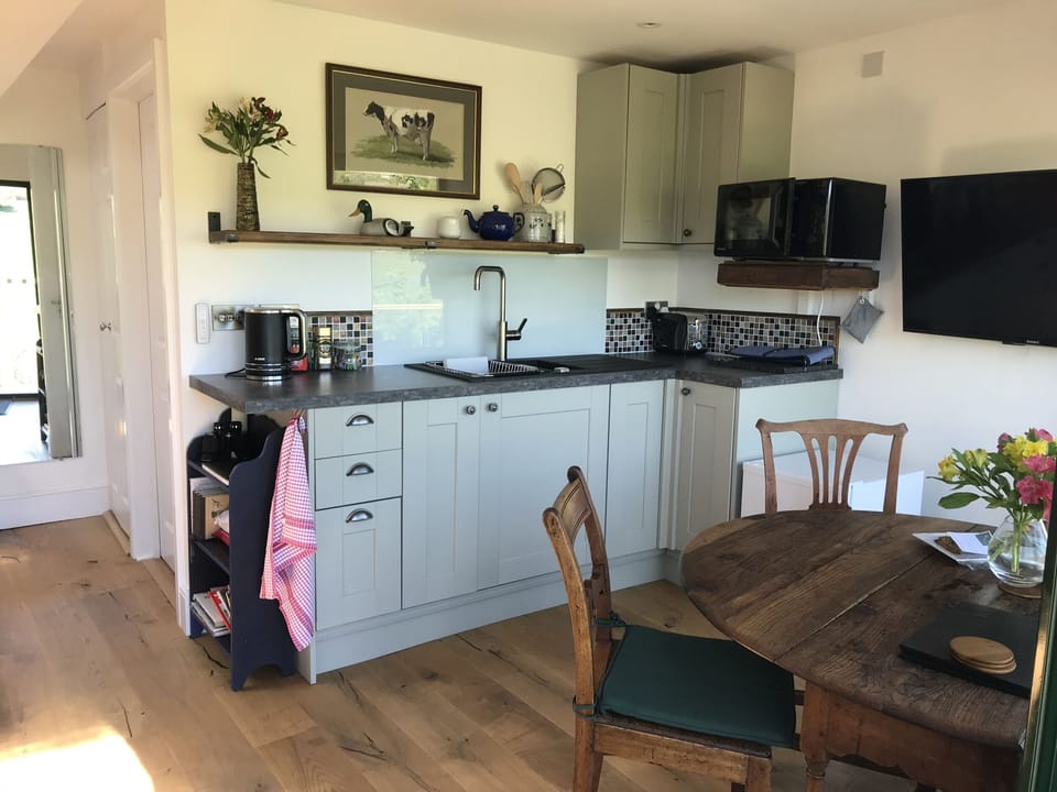 Fridge, microwave, toaster, cookware/dishes/utensils