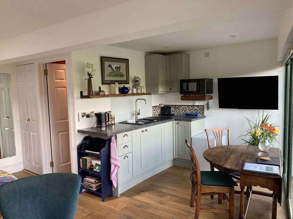Fridge, microwave, toaster, cookware/dishes/utensils