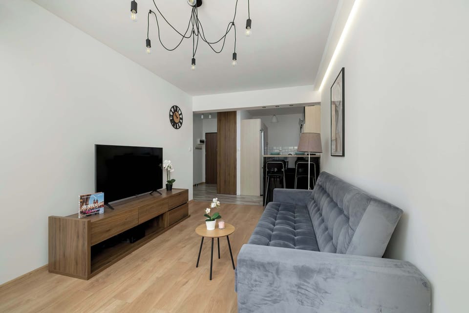 Comfortable living area with sofa, TV, and dining nook.