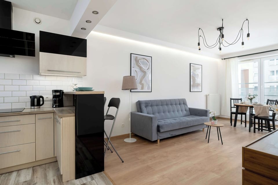 Spacious living area with TV, dining table, and kitchen.