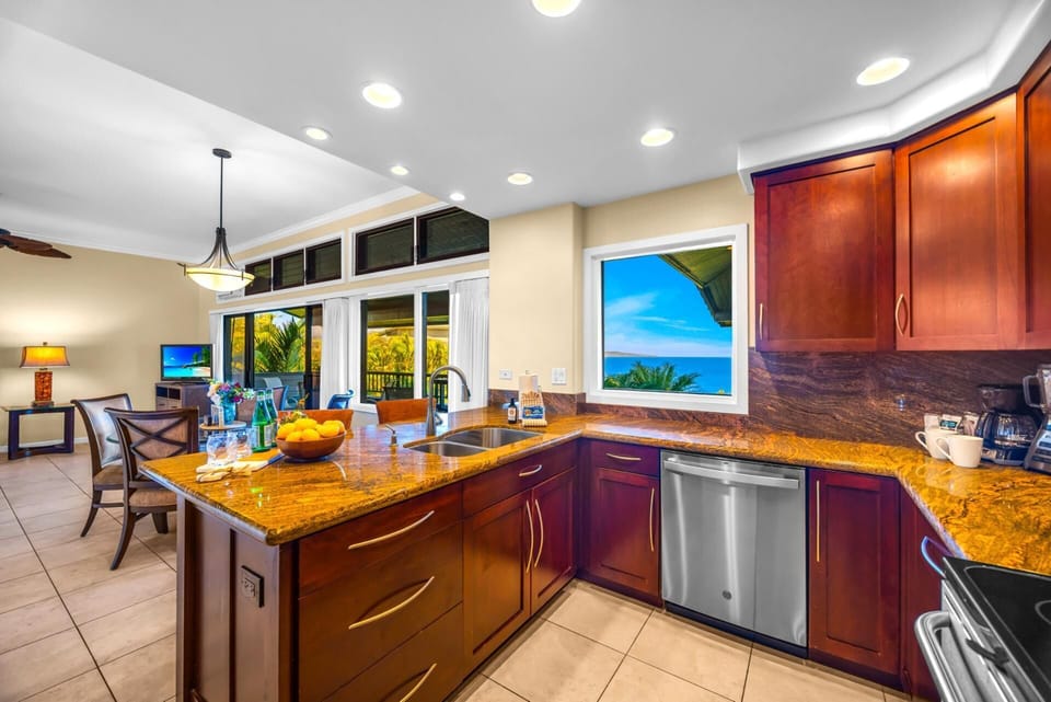 This spacious kitchen includes full-size appliances and plenty of prep space for easy cooking.