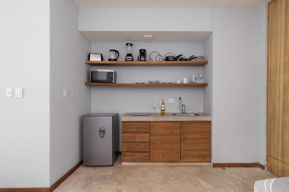 Modern studio with a sleek kitchenette and cozy, inviting atmosphere.