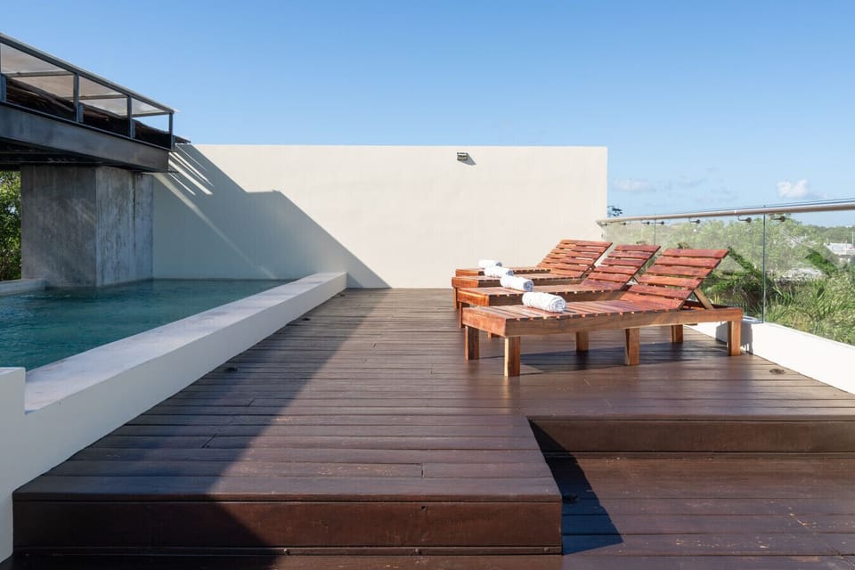 Rooftop pool escape with peaceful views and sunlight.