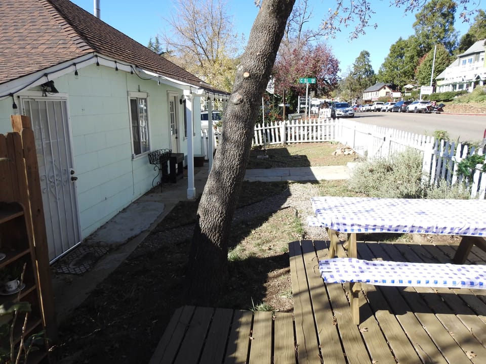 Fenced front yard with picnic table and direct access from Main Street to front door with one step