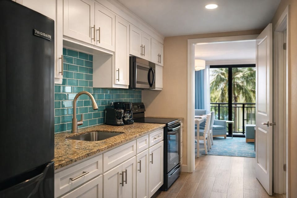 Start mornings right with coffee and a sunlit kitchenette.
