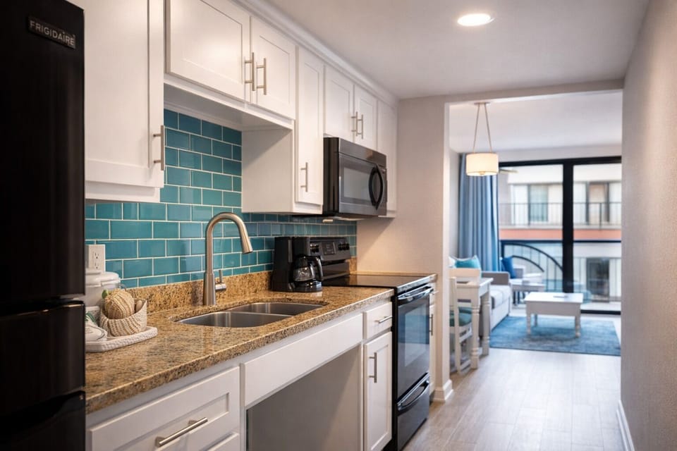 Cook easy meals with full-size appliances and granite counters.