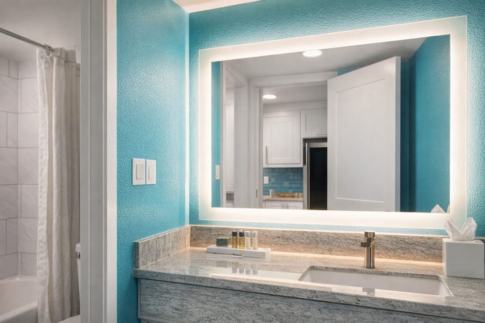 Get ready with bright mirror lighting and spa-clean finishes.