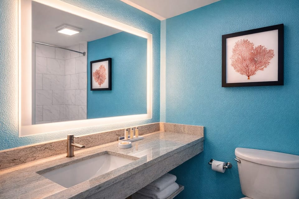 Refresh at the glowing vanity after a day in the sun.