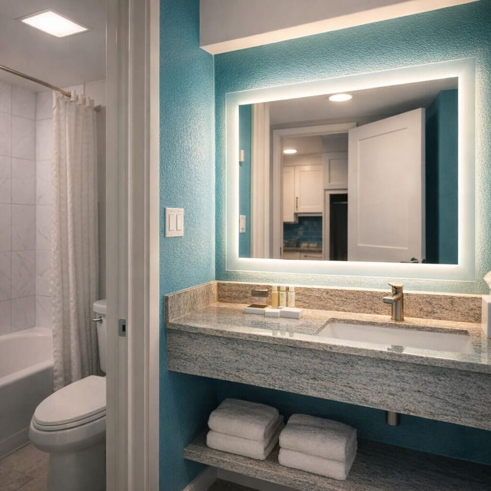 Soak and reset in a bright bath with tiled surround.