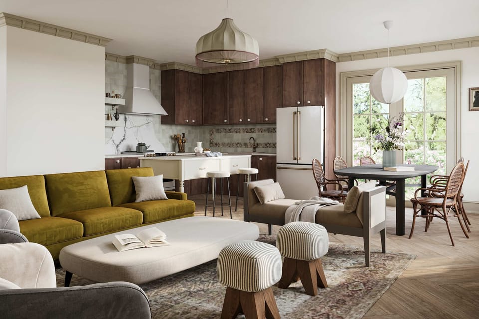 Modern open concept living room, dining area, and gourmet kitchen.