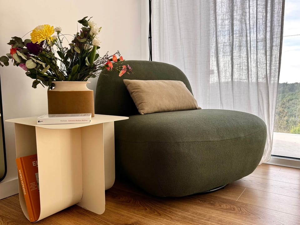 Bright design corner with lounge chair, floor-to-ceiling windows and peaceful views over nature.