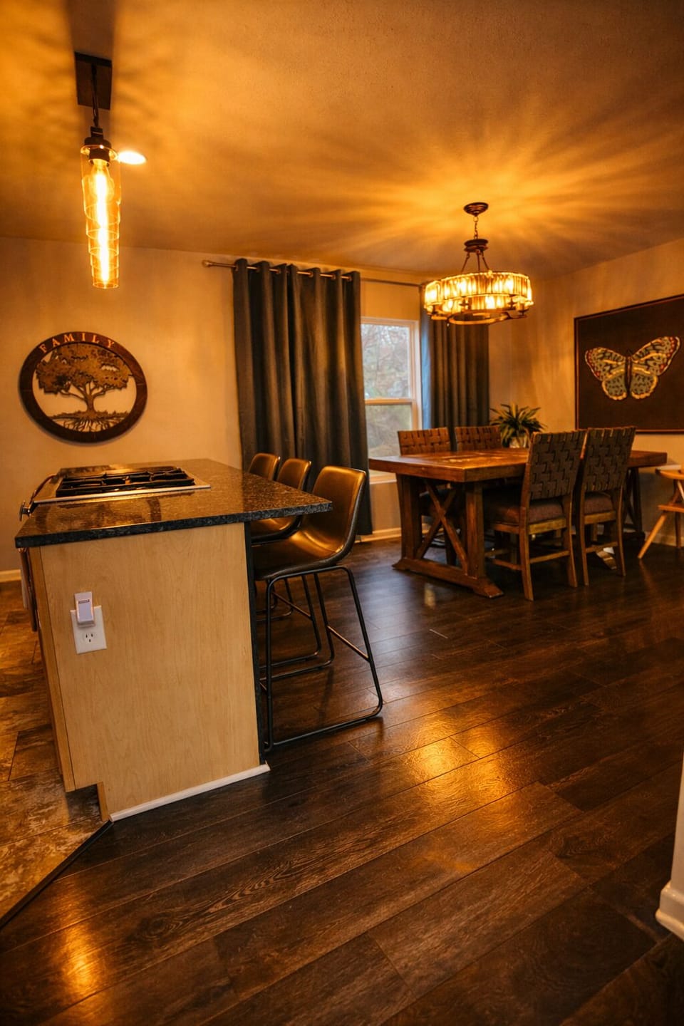 Warm open kitchen and dining space for family meals and gatherings