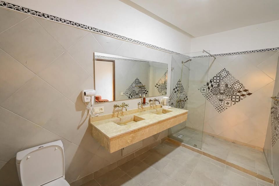 Shower, hair dryer, bathrobes, soap