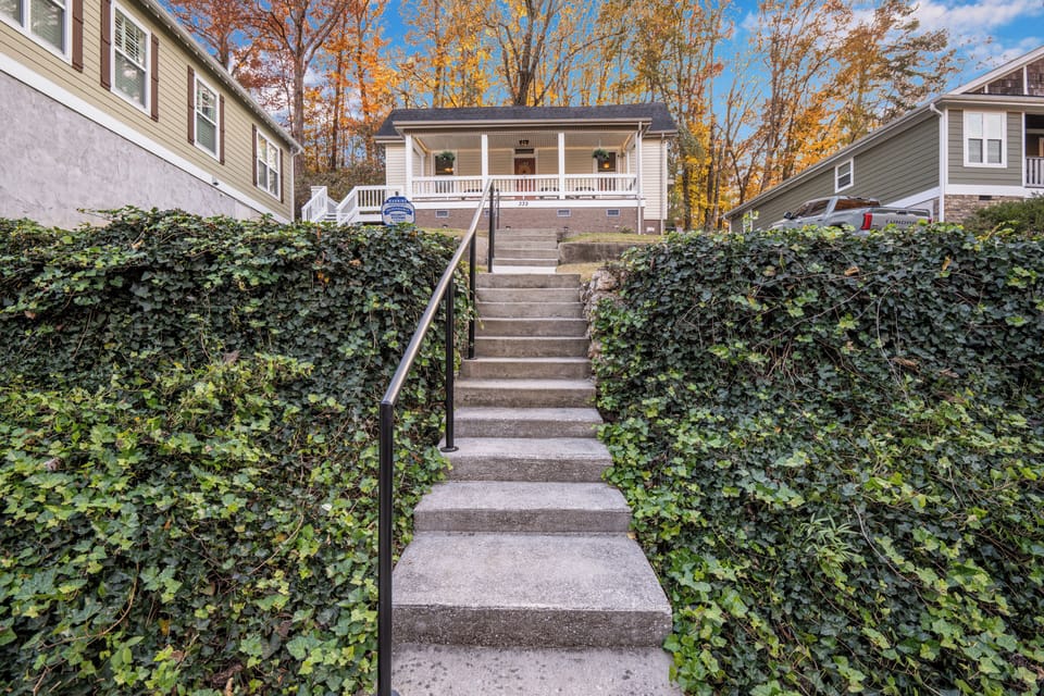 Street-level view with ivy-lined concrete, stairs, and handrails.