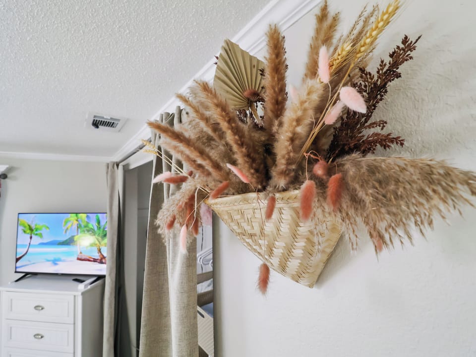 Warm boho accents bring a touch of nature and calm to your stay.