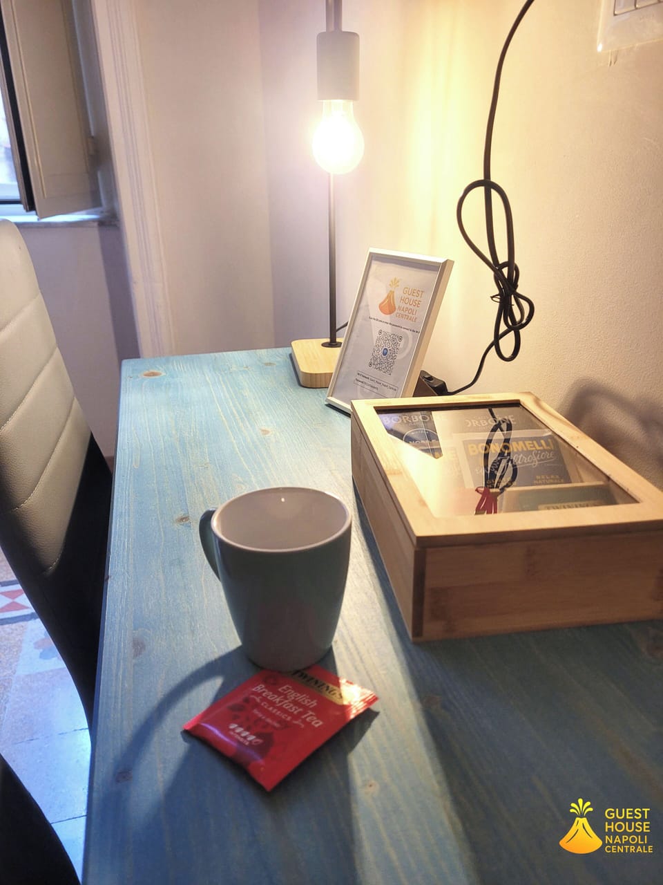Desk, laptop workspace, blackout drapes, soundproofing