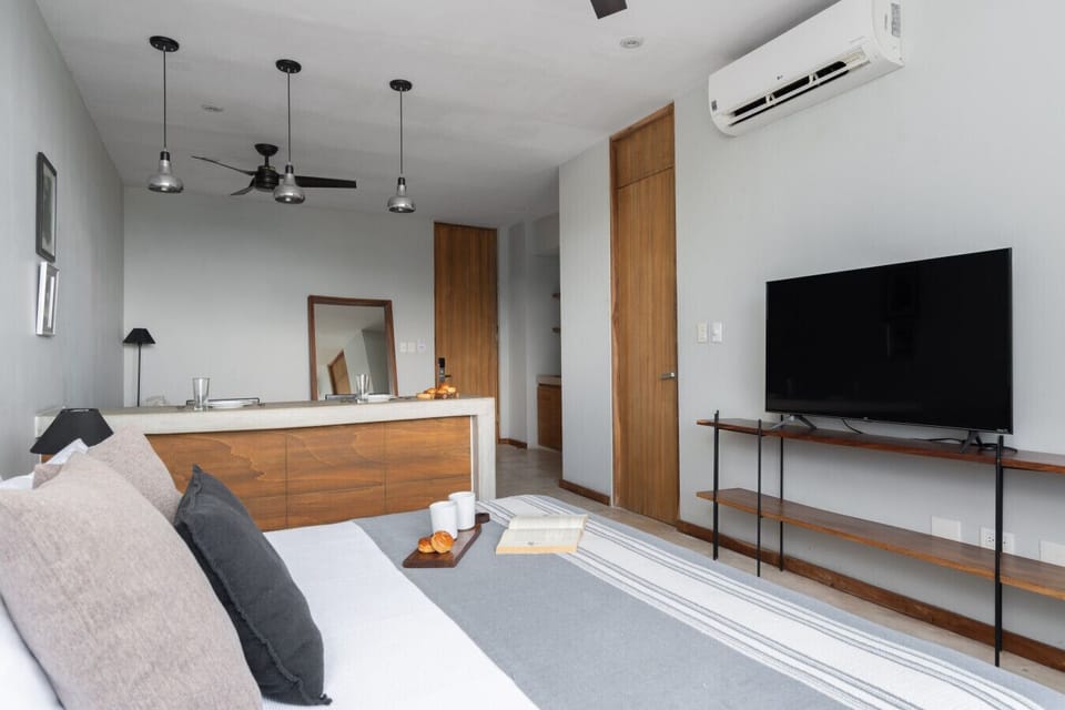 Cozy studio with king bed, stylish décor, and modern 50-inch TV.