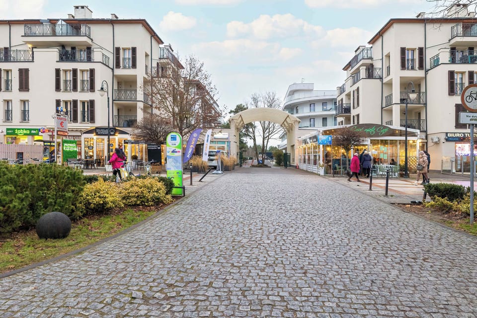 A street-level view of a pedestrian walkway decorated with flowers, leading toward modern buildings in the distance.