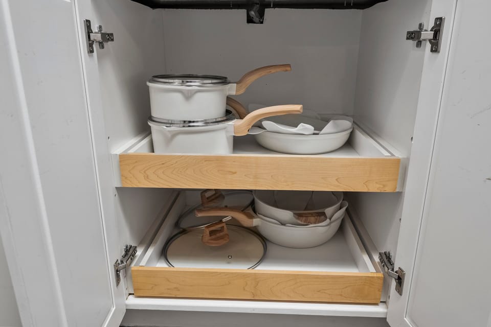 The kitchen is well appointed with service for up to 10 people, and just about every amenity you could need to prepare meals for large groups.