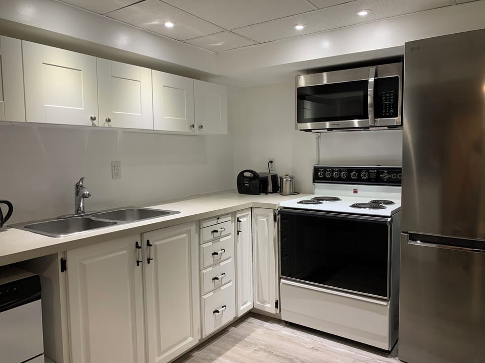 Kitchen with fridge, stove, microwave and dishwasher, plus essentials.