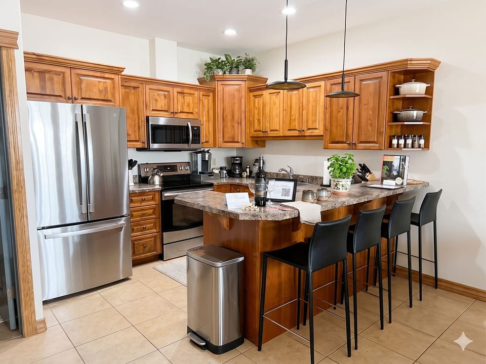 Fully stocked kitchen with modern appliances.