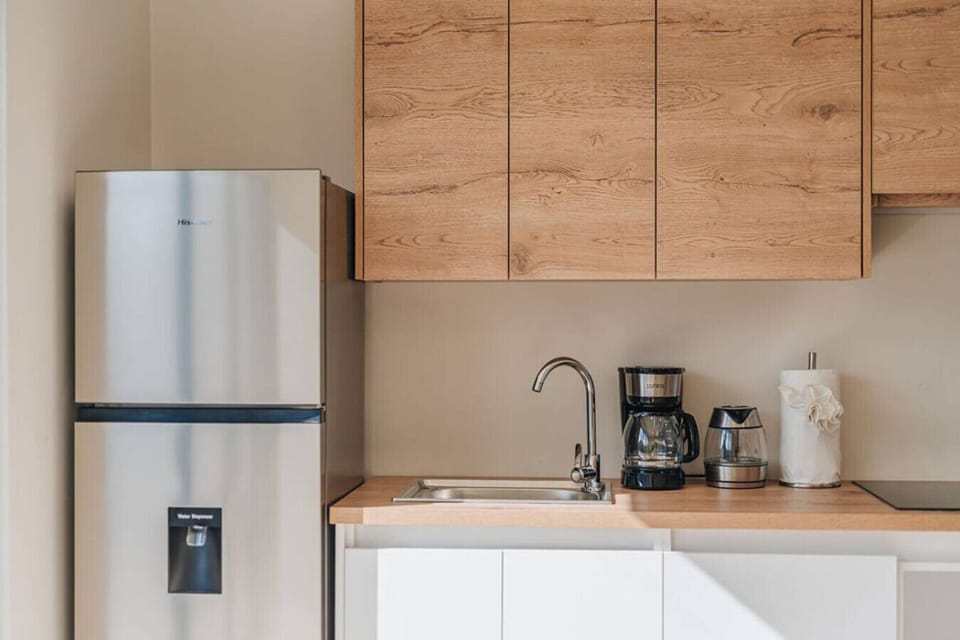 Stainless steel fridge and modern appliances.