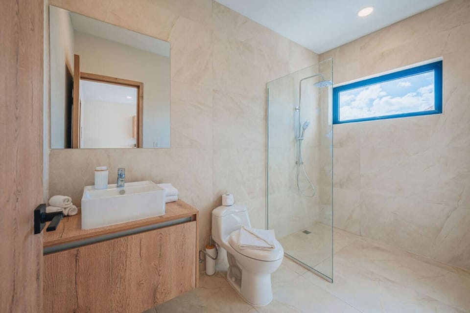 sleek bathroom with complete essentials