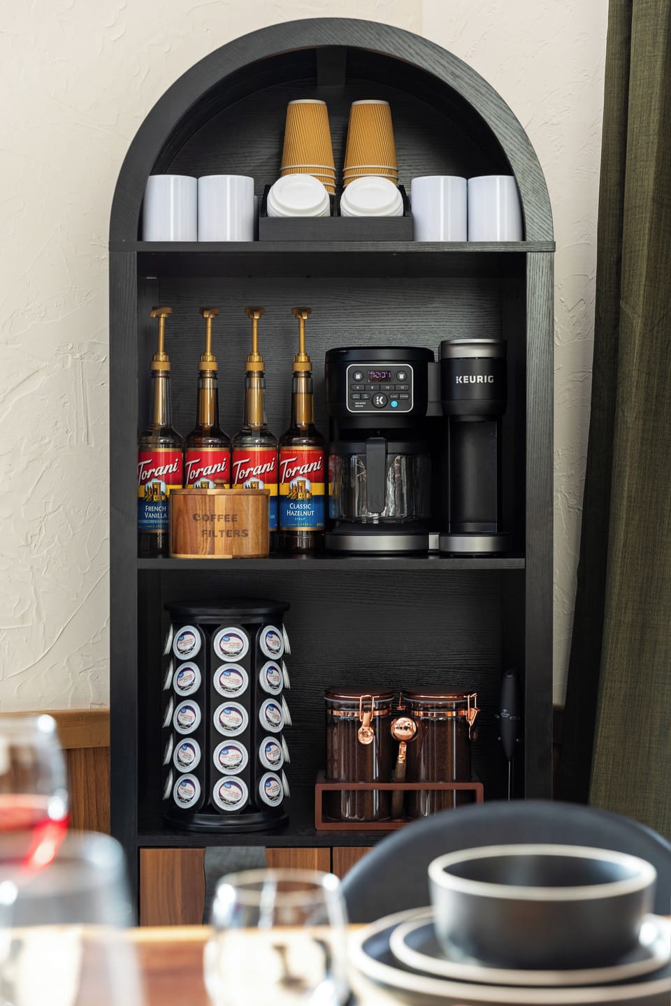 Coffee bar with Keurig, drip machine, K-cups, grounds, creamers, and to-go cups!
