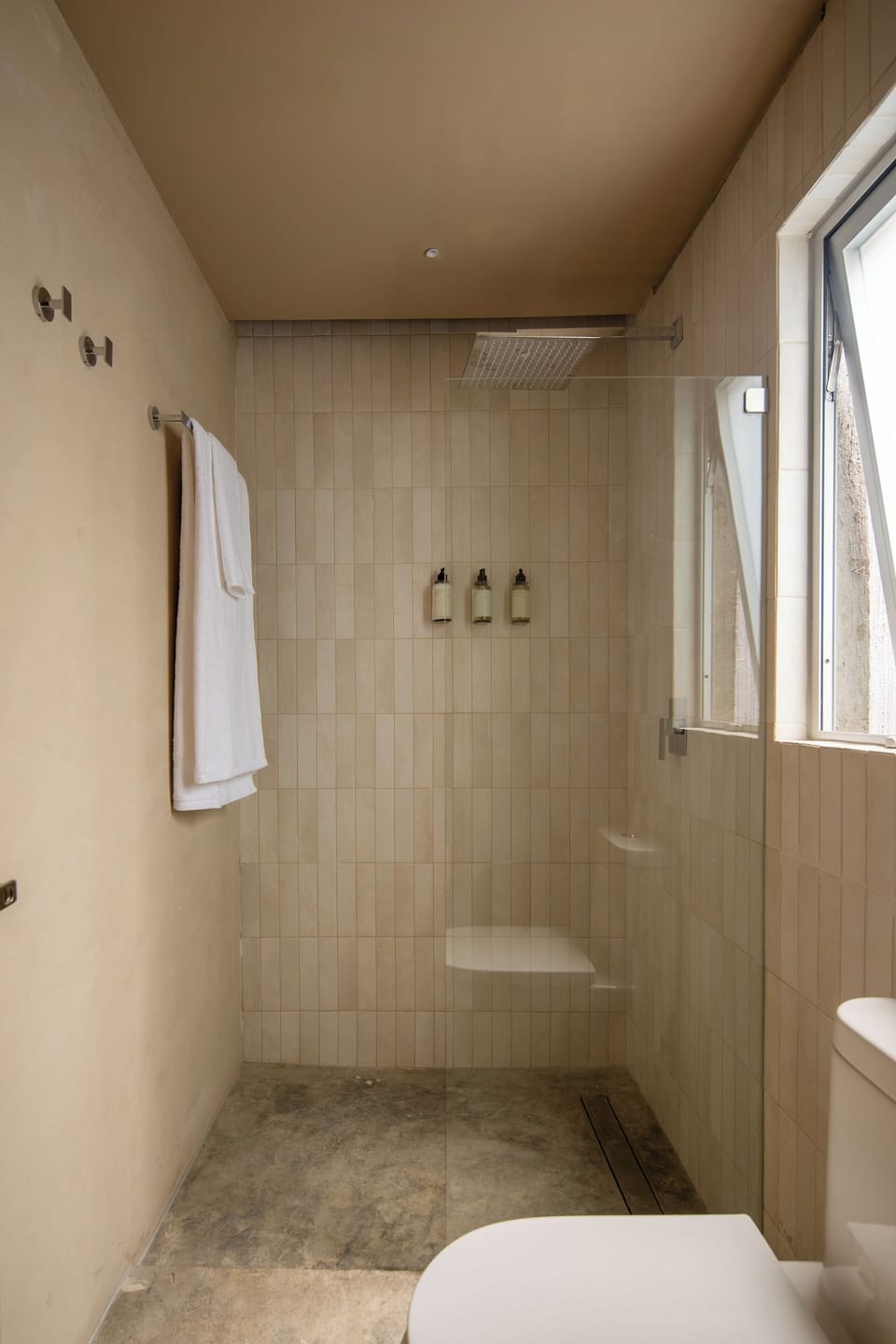 Shower, towels, soap, shampoo