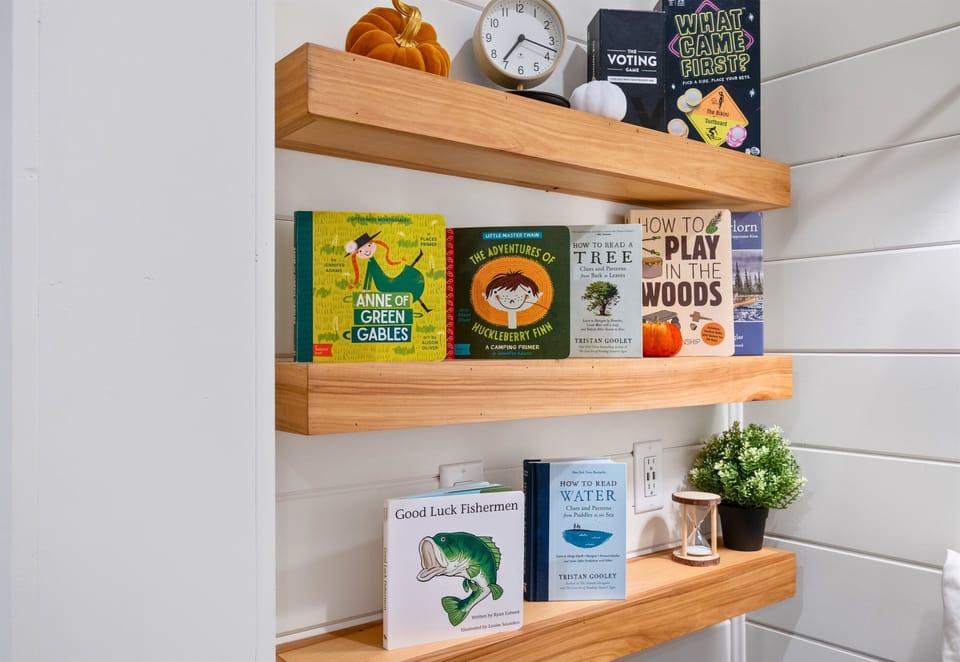 Built-in shelving with books and decor for quiet reading.