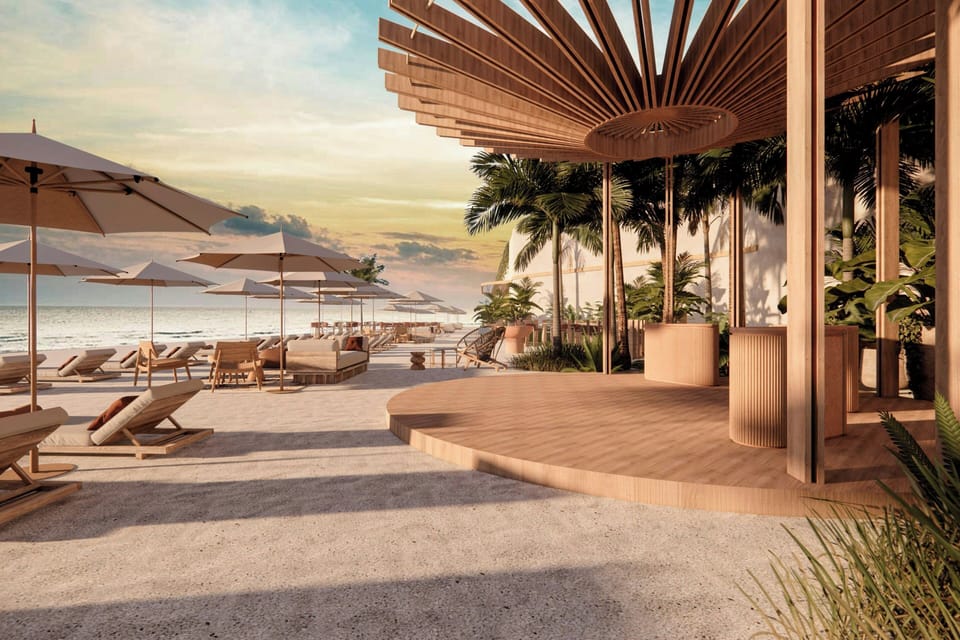 Private beach, white sand, sun loungers, beach umbrellas